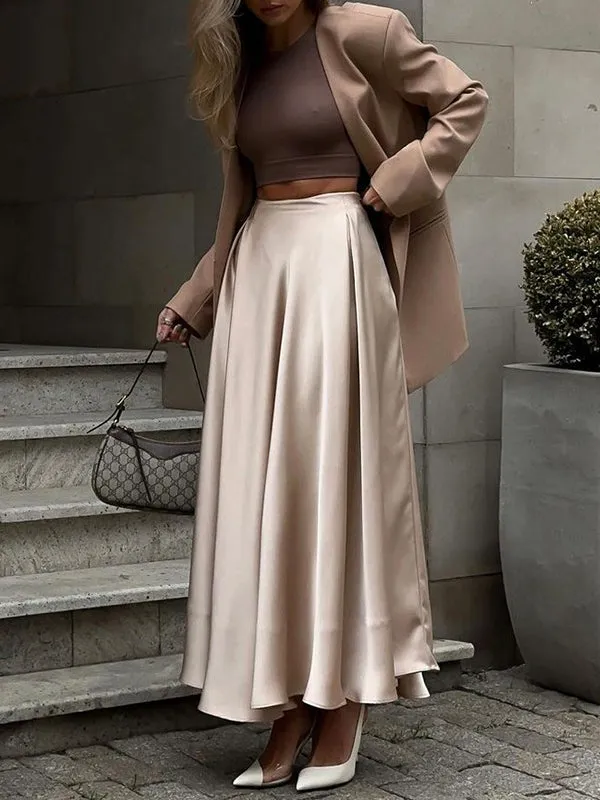 A-Line High Waisted Elasticity Pleated Solid Color Skirts