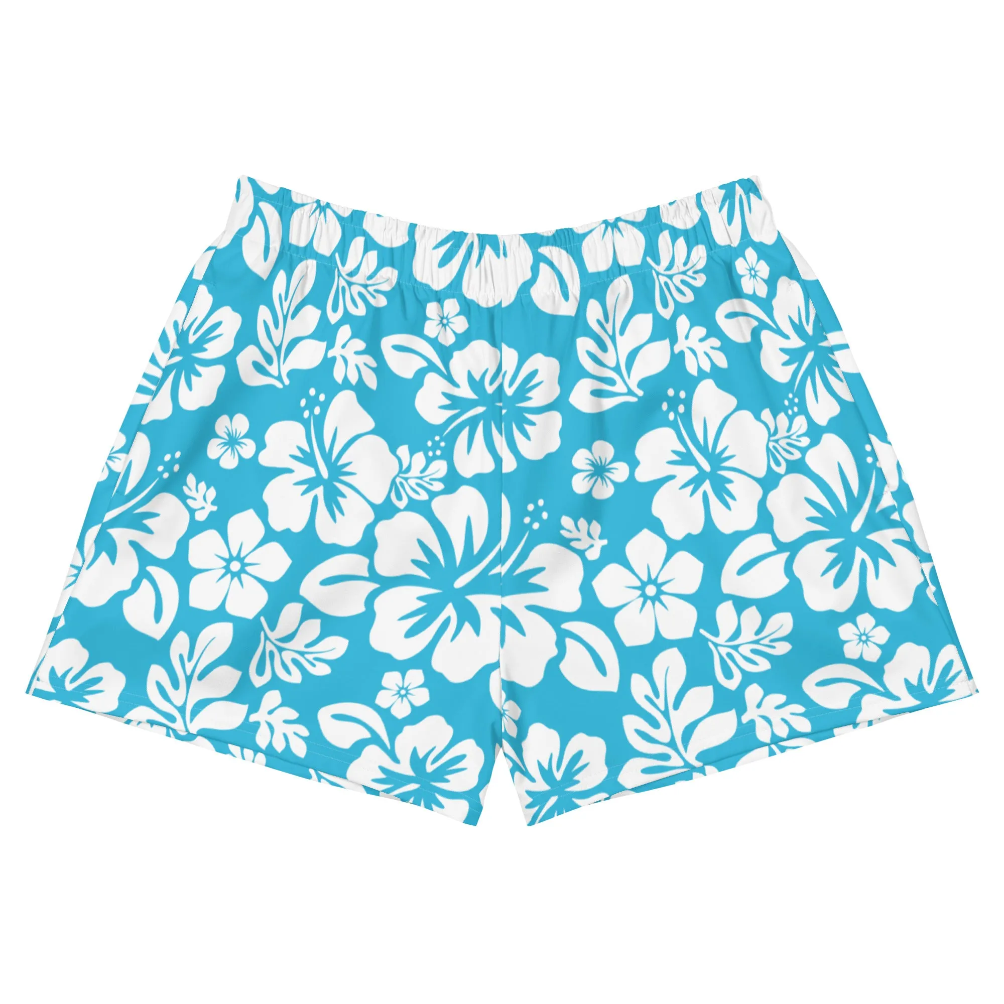 Aqua Blue and White Hawaiian Flowers Women's Athletic Swim Shorts