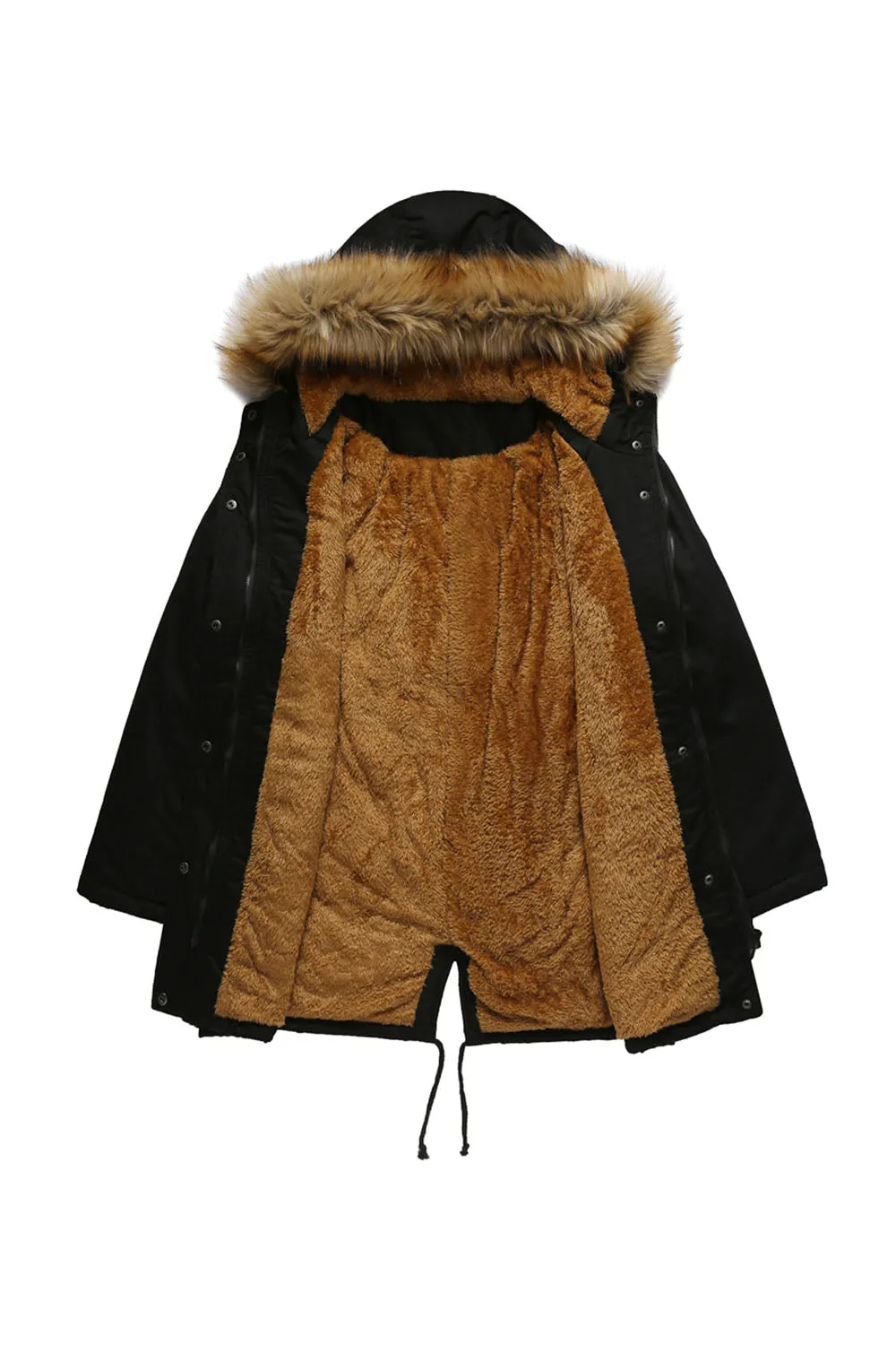 Army Green Fur Collar Drawstring Waist Thickened Mid Coat