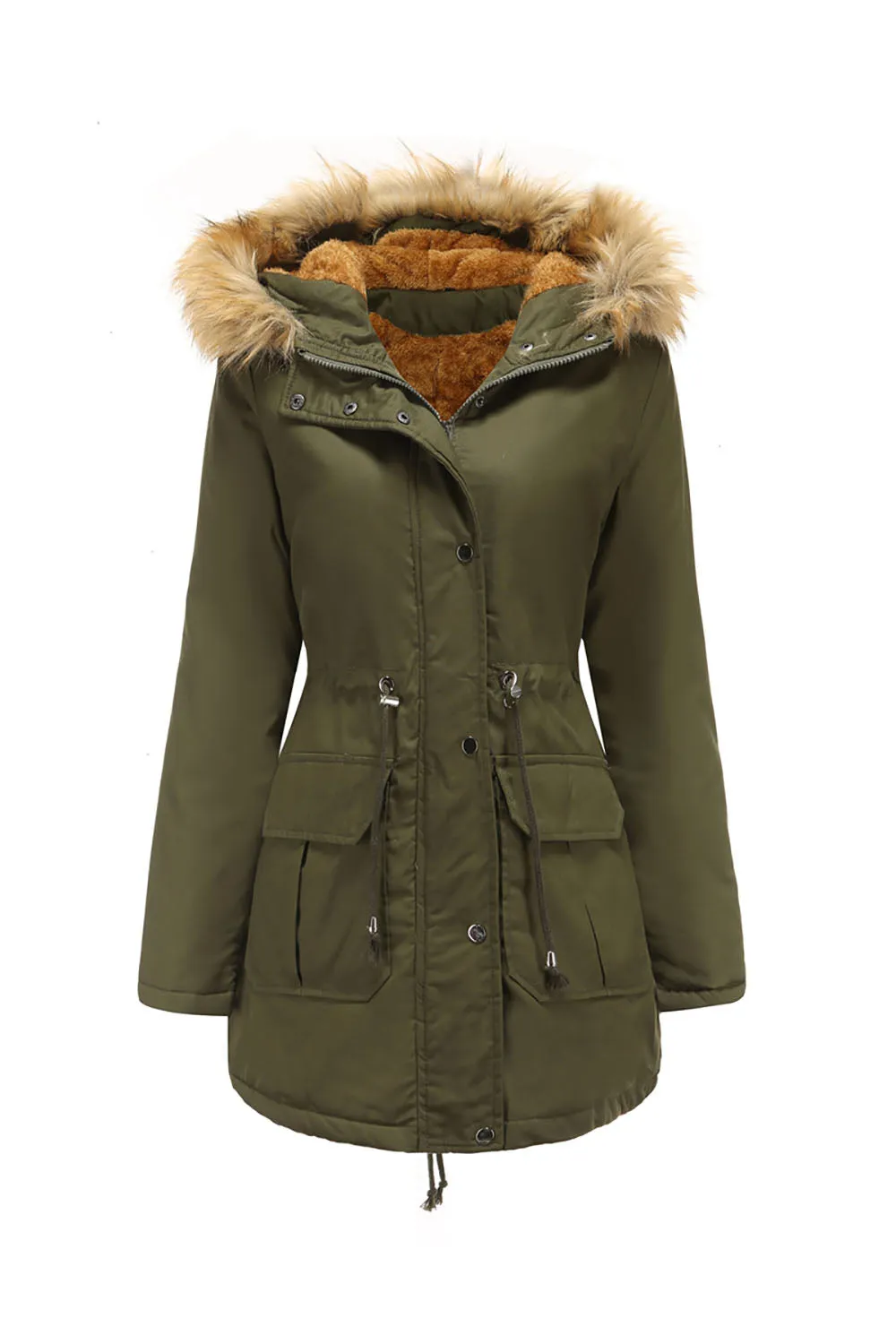 Army Green Fur Collar Drawstring Waist Thickened Mid Coat