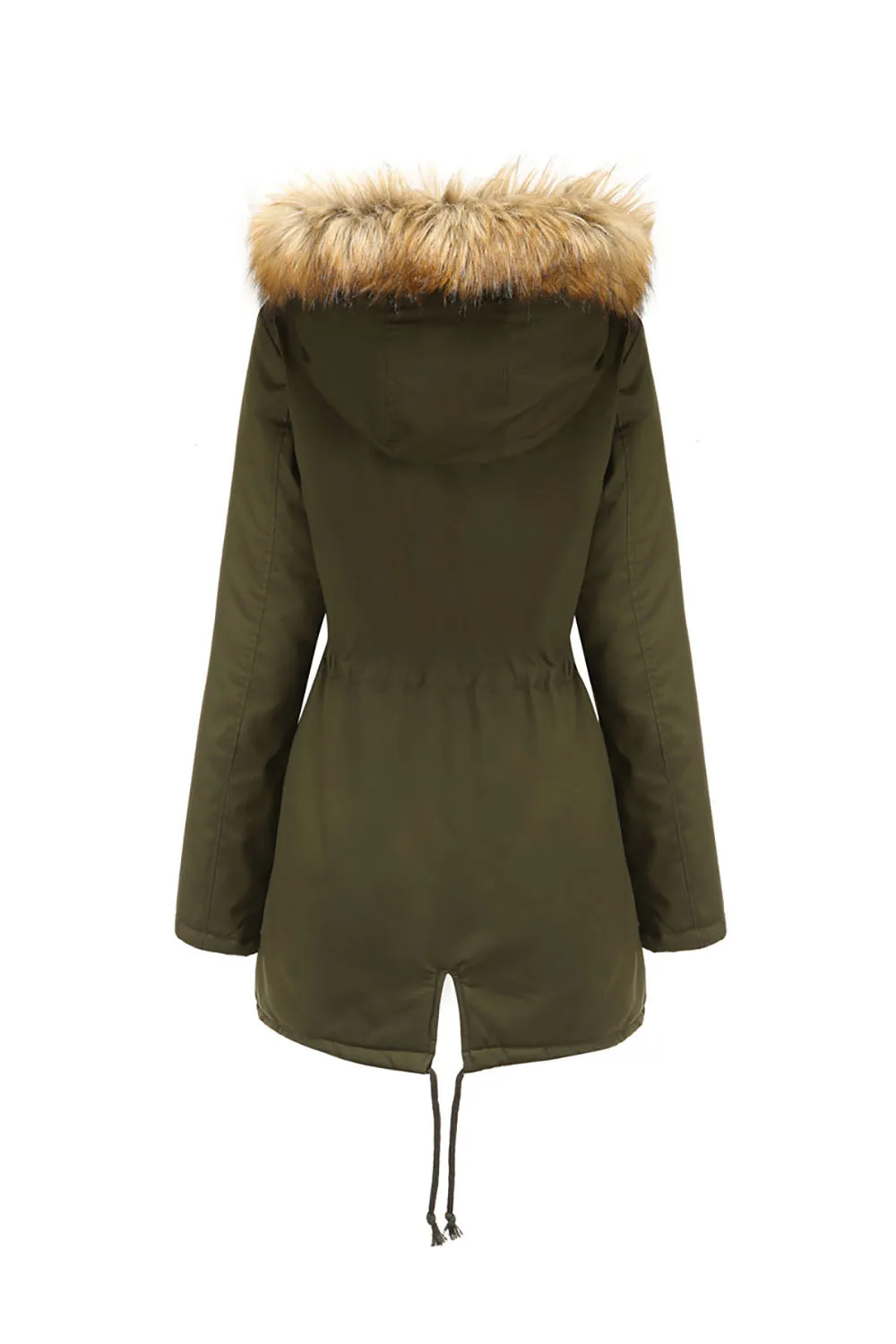 Army Green Fur Collar Drawstring Waist Thickened Mid Coat