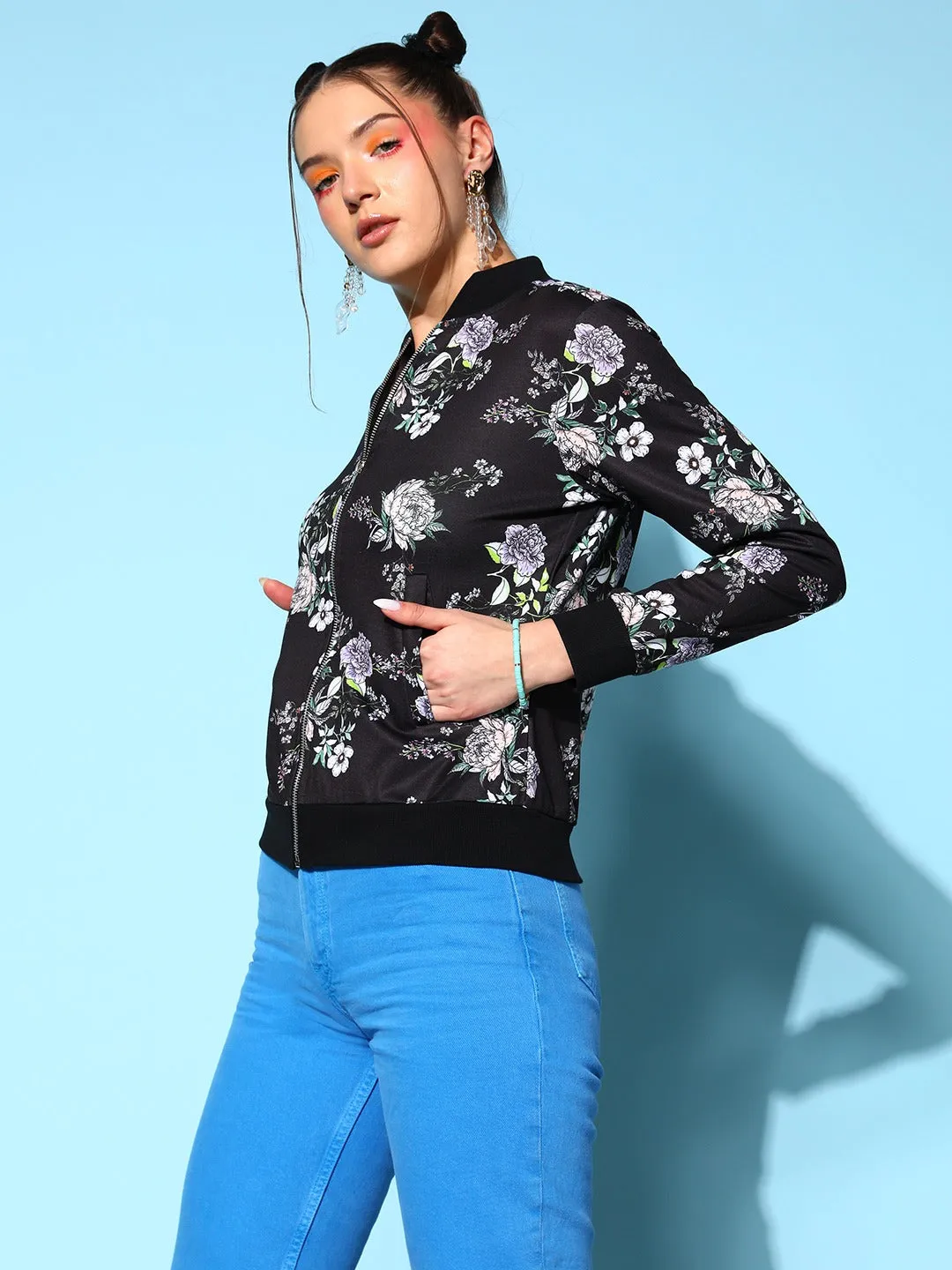 Berrylush Women Black & White Floral Printed Mock Collar Neck Two-Pocket Straight Hem Bomber Regular Jacket