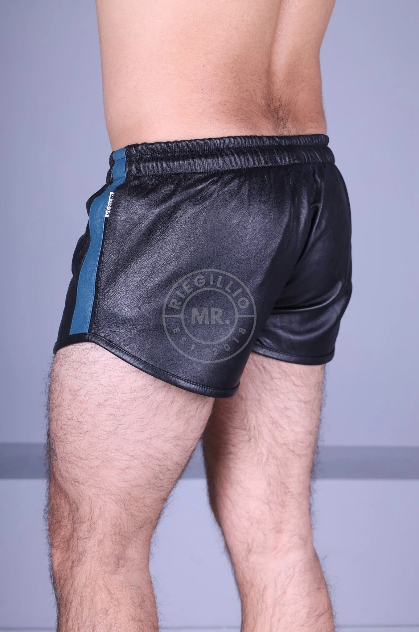 Black Leather Mini Short - BLUE STRIPE