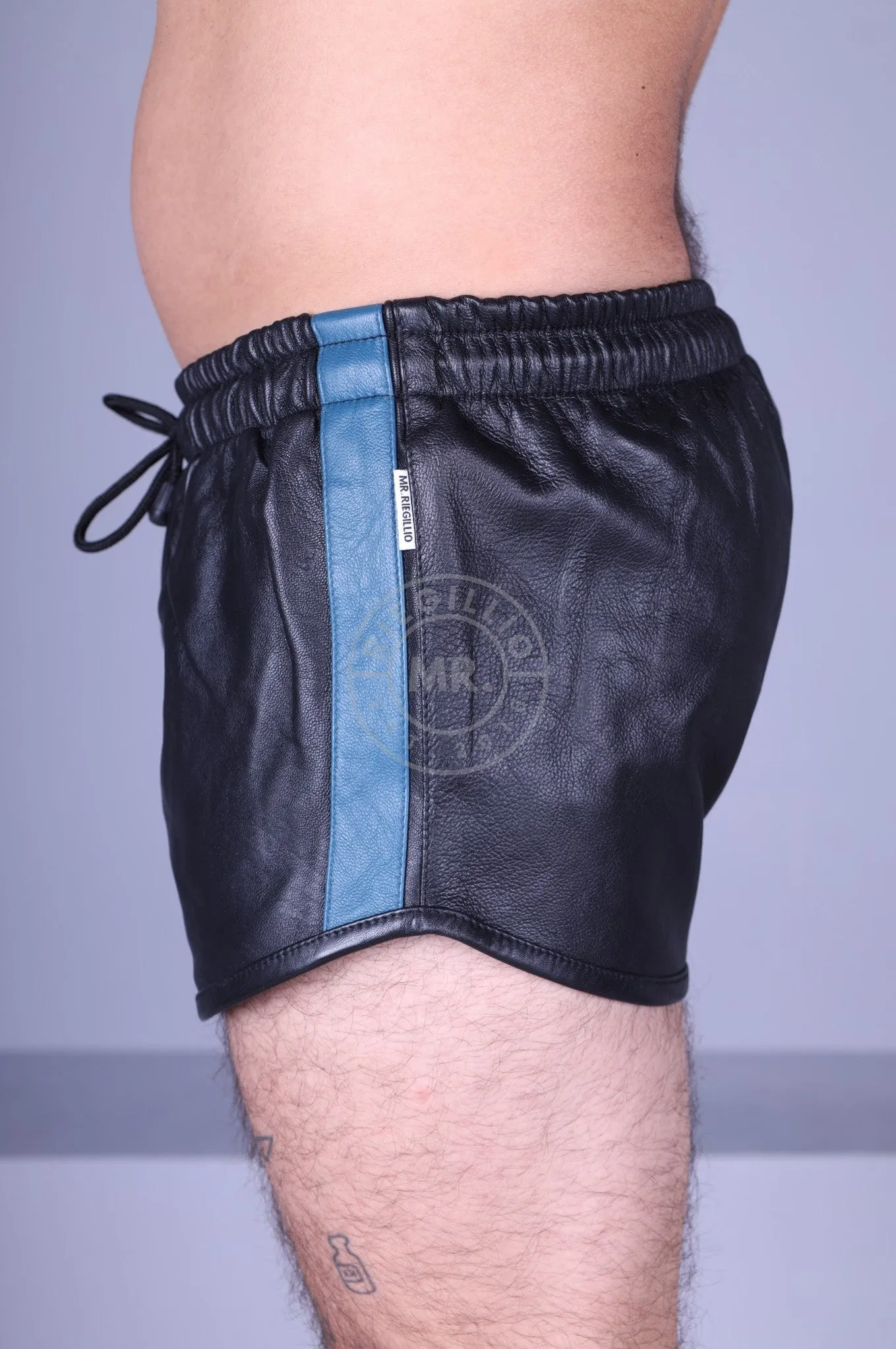 Black Leather Mini Short - BLUE STRIPE