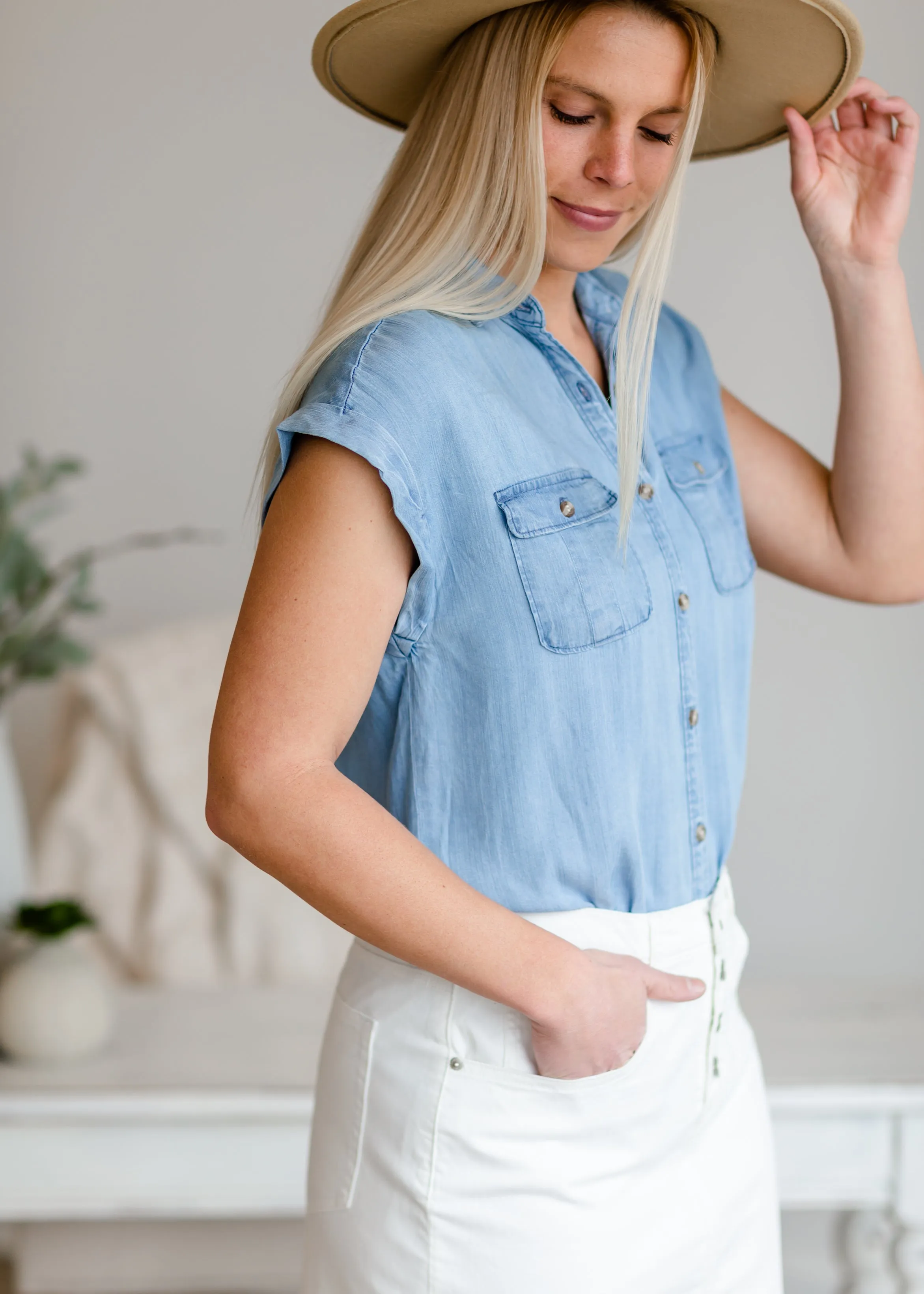 Button Up Pocket Chambray Top