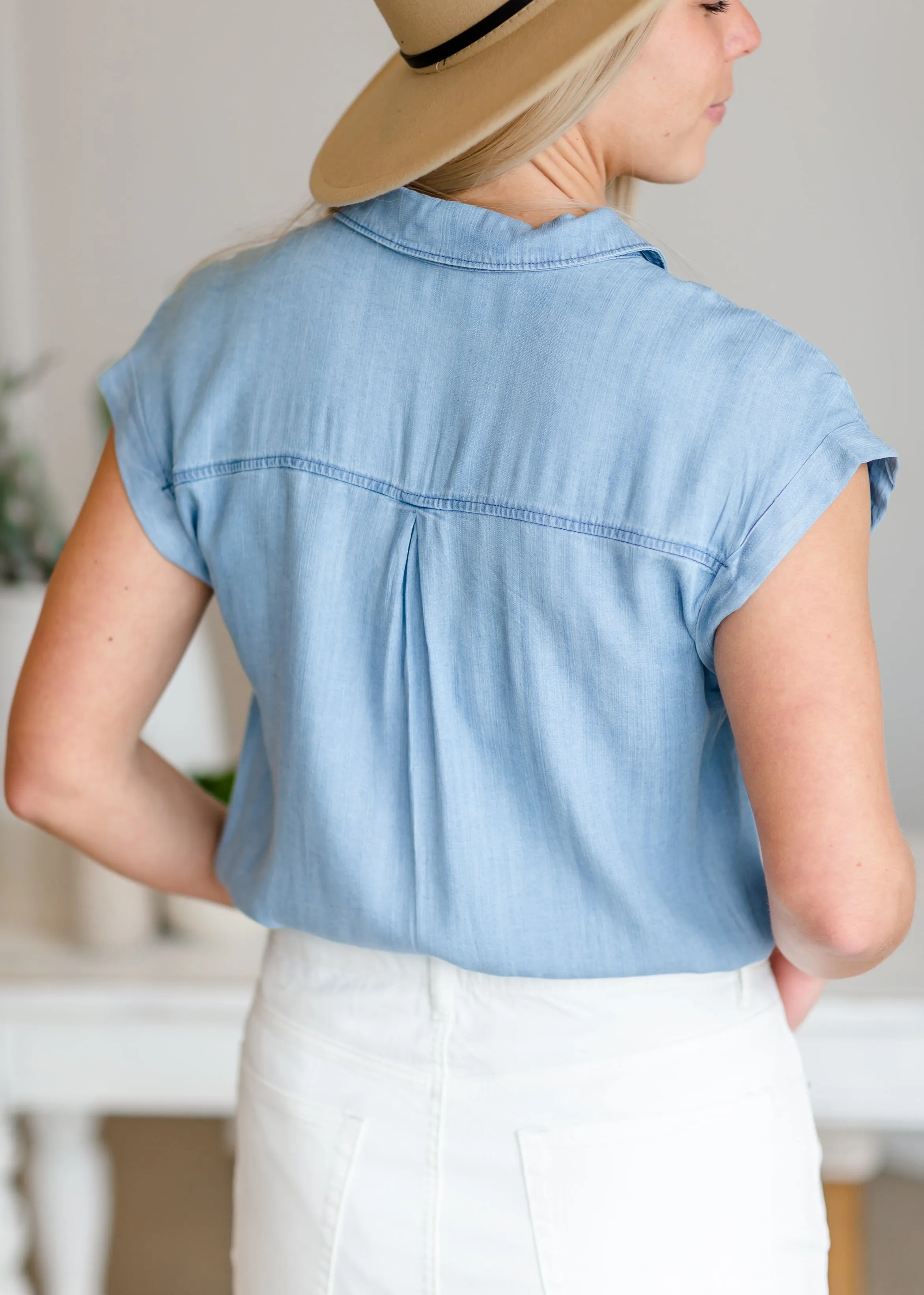 Button Up Pocket Chambray Top