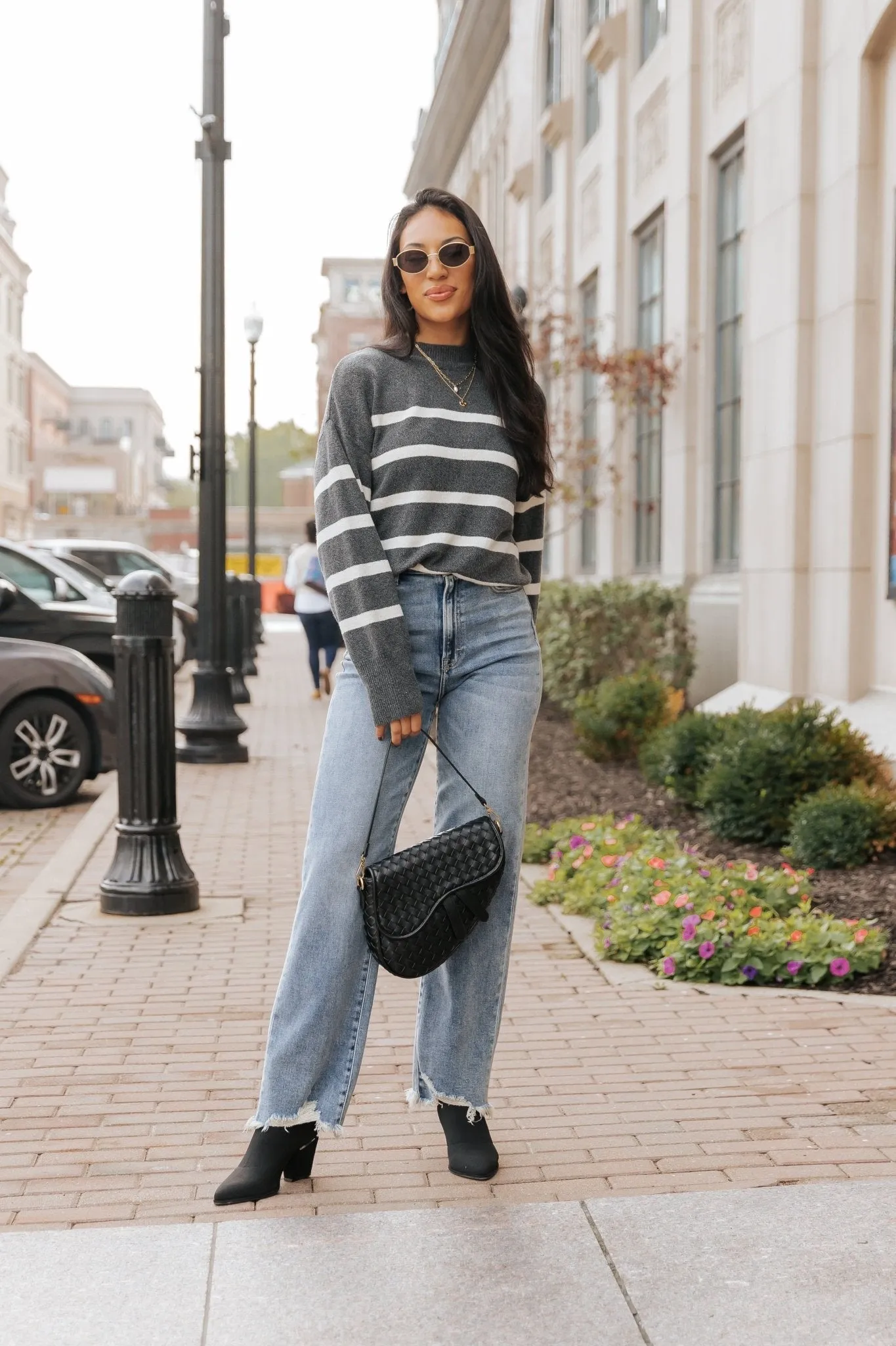 Charcoal and Cream Striped Pullover Sweater