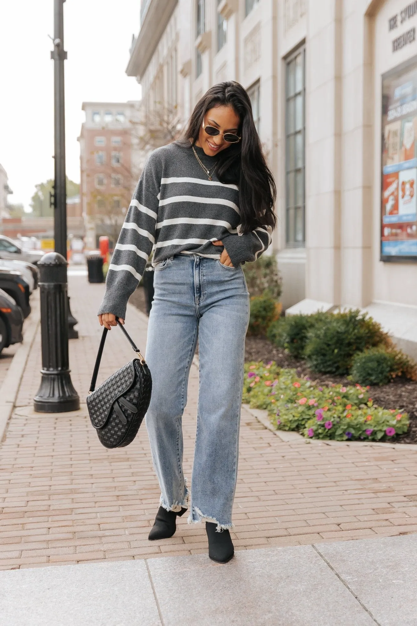 Charcoal and Cream Striped Pullover Sweater