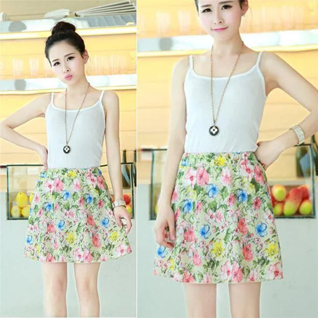 Chiffon Mini Skirts Print A-line Pleated With Lining