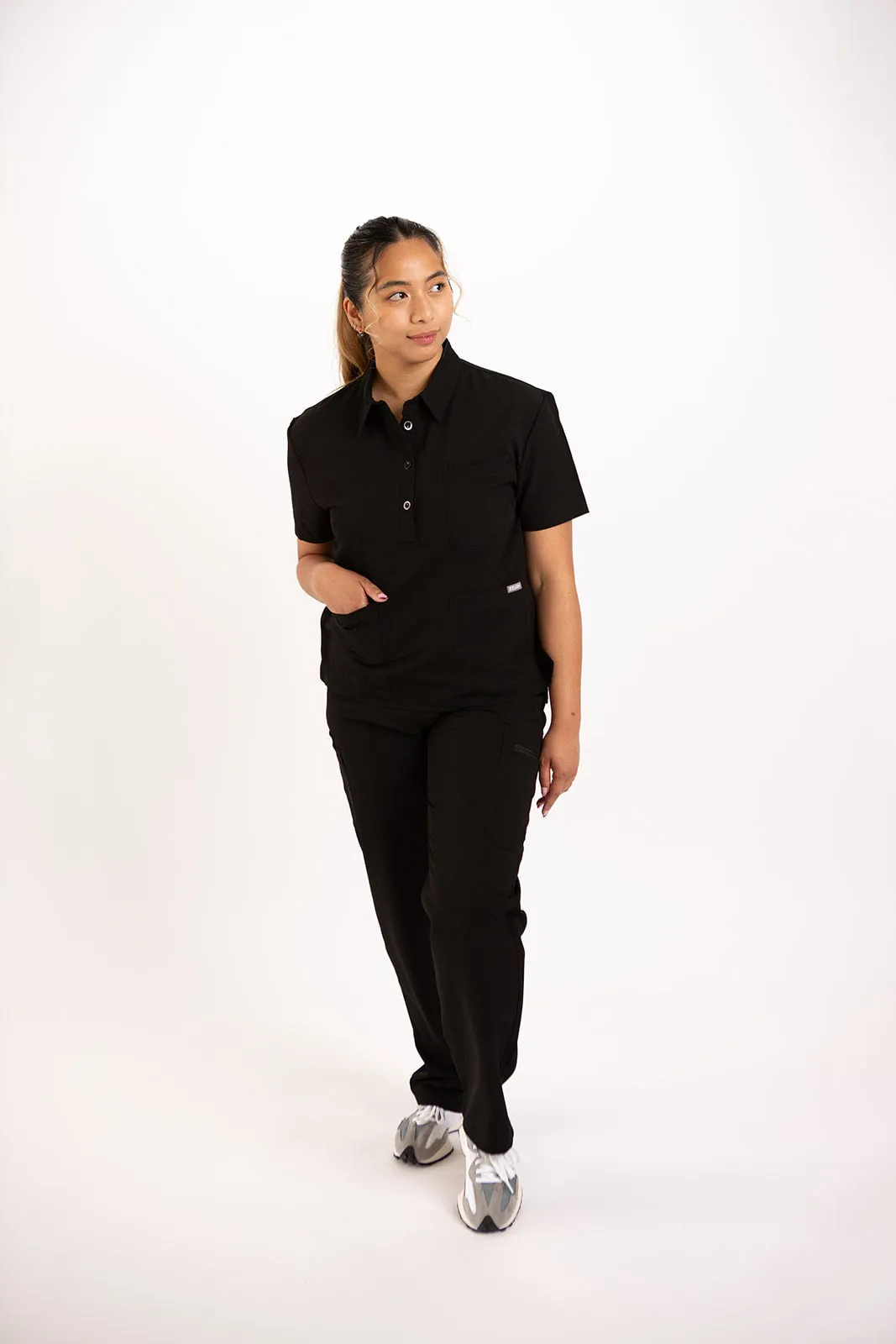 CLASSIC POLO NECK WOMEN'S SCRUB TOP (BLACK)