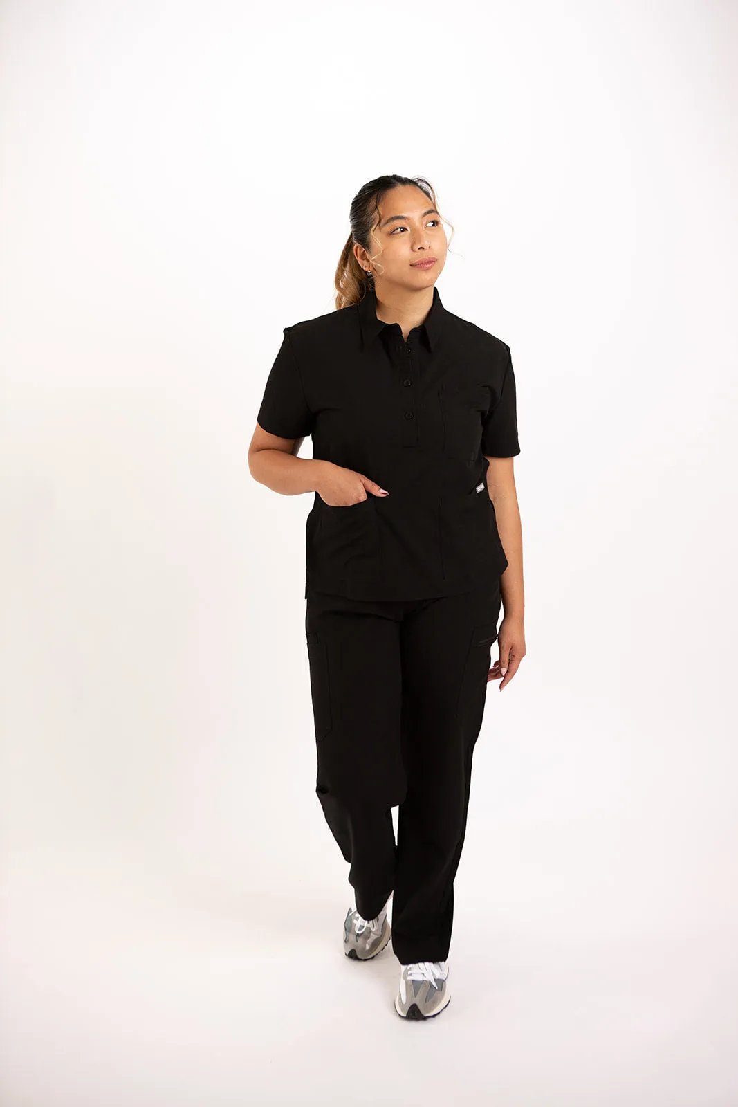 CLASSIC POLO NECK WOMEN'S SCRUB TOP (BLACK)