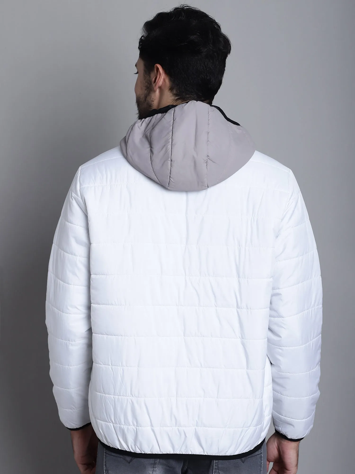 Color Blocked White Full Sleeves Hooded Neck Regular Fit Casual Jacket for Men