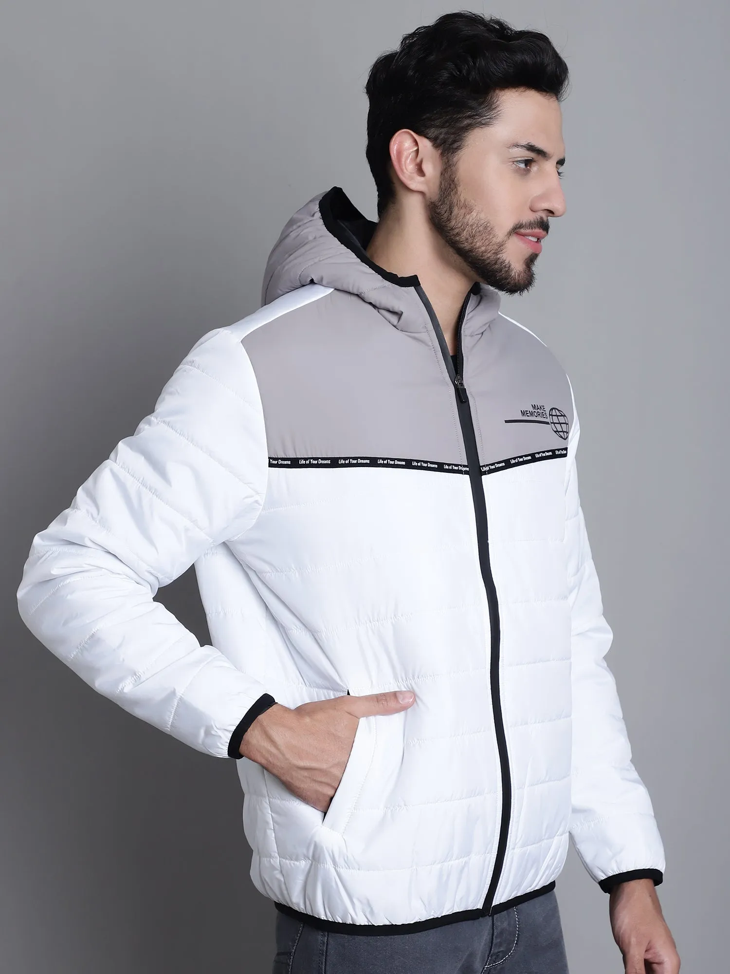 Color Blocked White Full Sleeves Hooded Neck Regular Fit Casual Jacket for Men