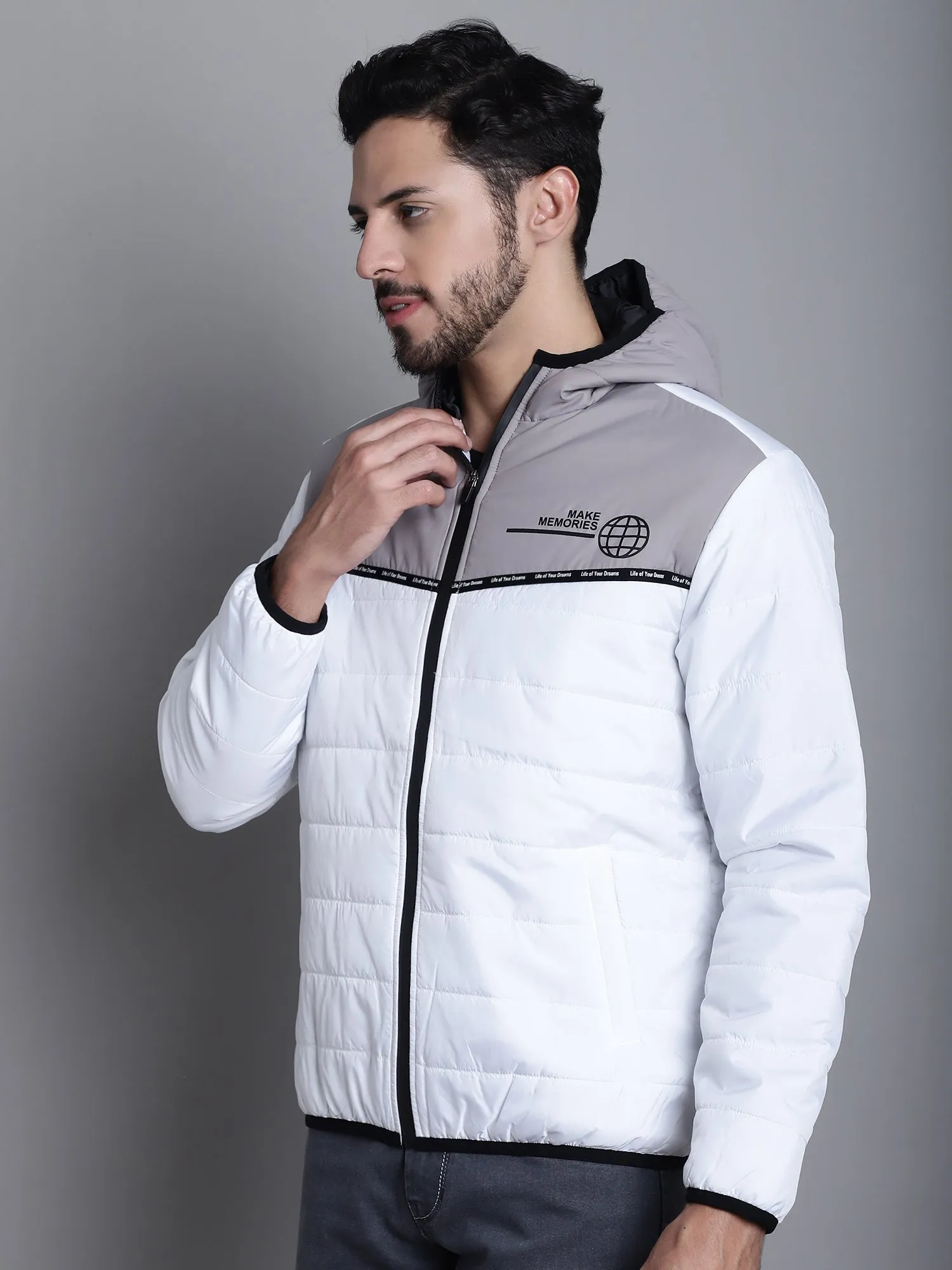 Color Blocked White Full Sleeves Hooded Neck Regular Fit Casual Jacket for Men