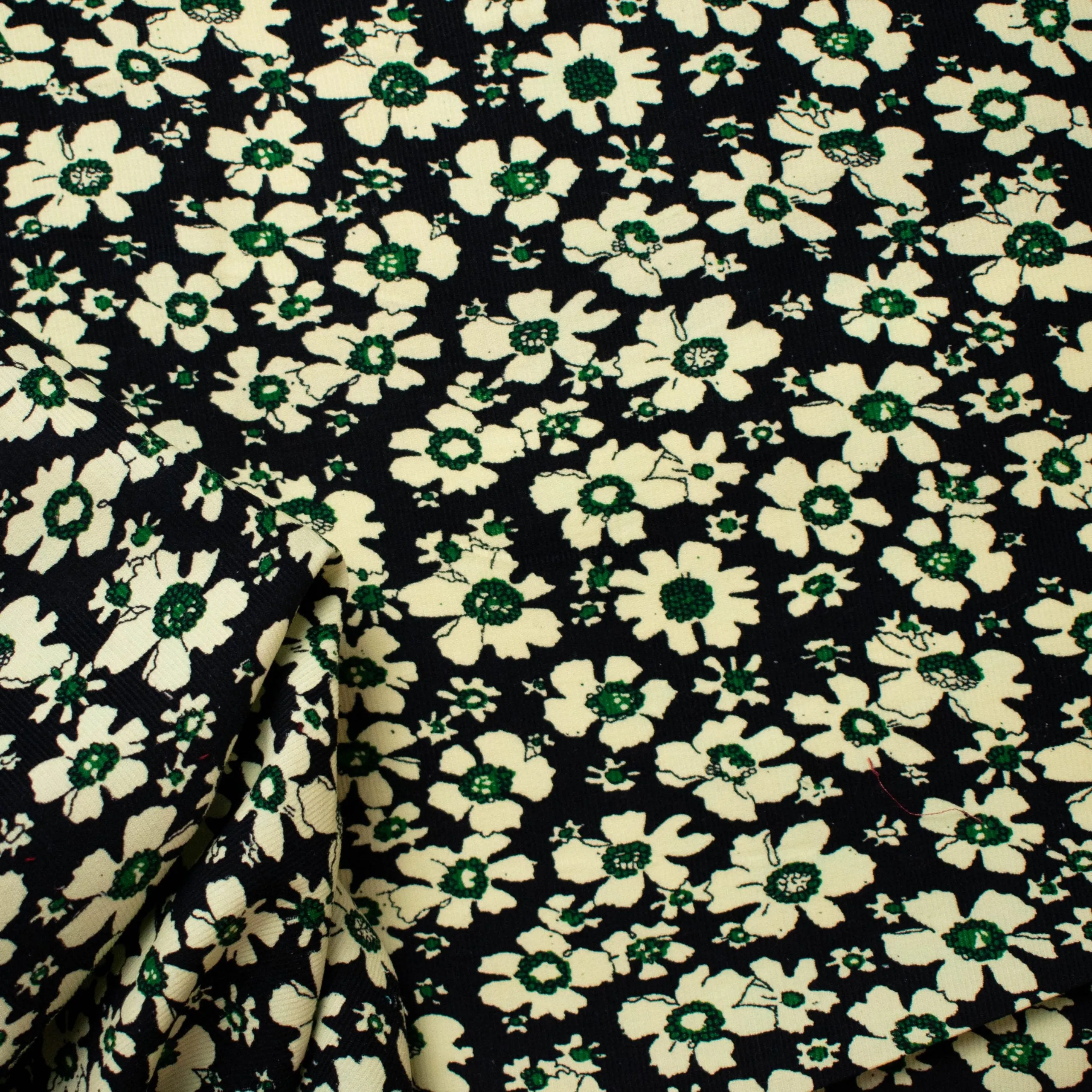 Cotton Corduroy Prints Design 29 Cream Flowers on Black