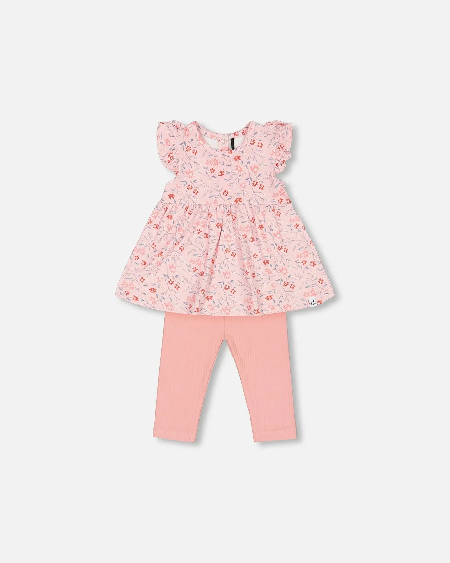 Deux Par Deux Organic Cotton Long Tunic And Leggings Set - Pink printed Little Flowers