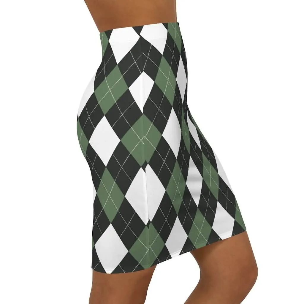 Elegant Argyle Stretch Mini Pencil Skirt in Green and White for Women