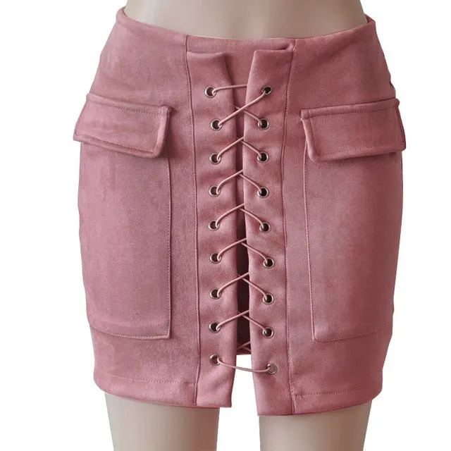 Fashion Womens Autumn Lace-up Leather Suede Pencil Skirts Winter Cross High Waist Mini Skirt Zipper Split Bodycon Short Skirts