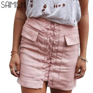 Fashion Womens Autumn Lace-up Leather Suede Pencil Skirts Winter Cross High Waist Mini Skirt Zipper Split Bodycon Short Skirts