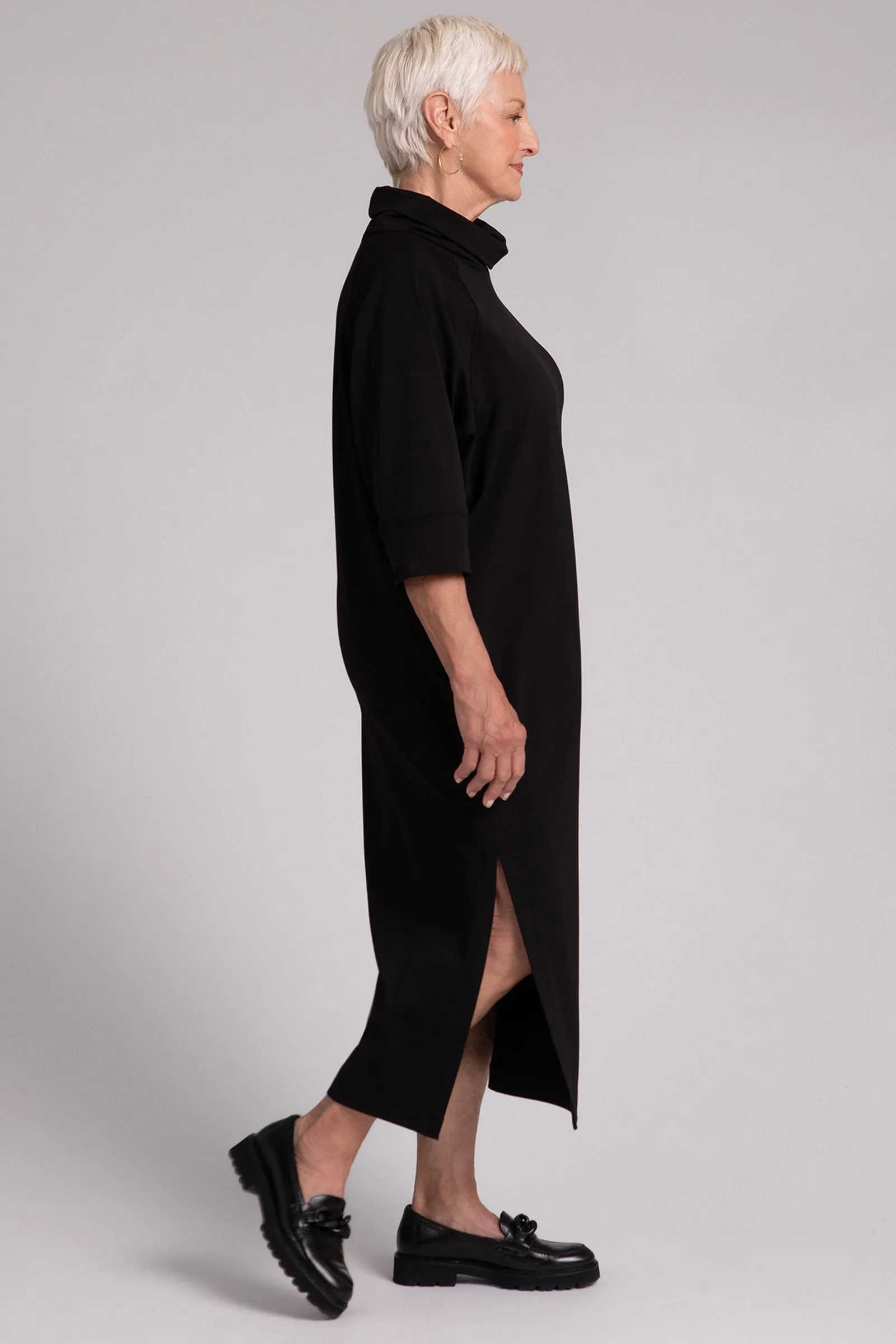 Fleece Back Jersey Cozy Raglan Funnel Neck Dress | Black