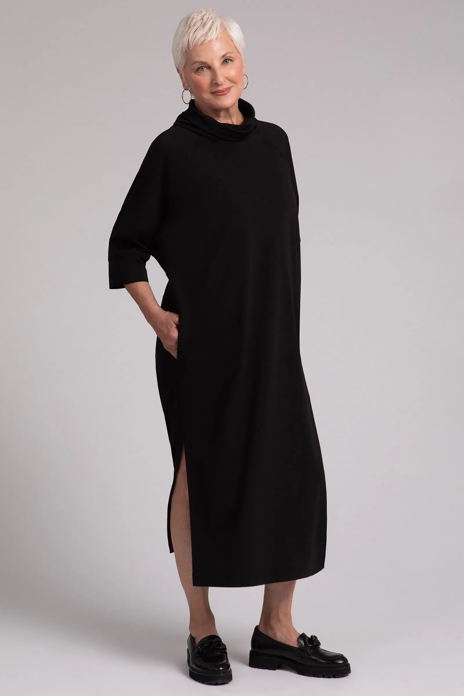 Fleece Back Jersey Cozy Raglan Funnel Neck Dress | Black