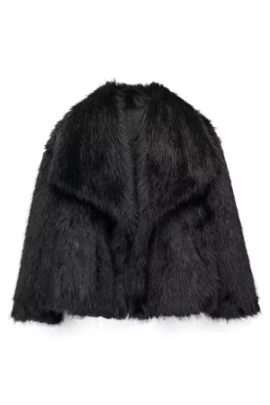 Fluffy Black Turn Lapel Faux Fur Winter Coat