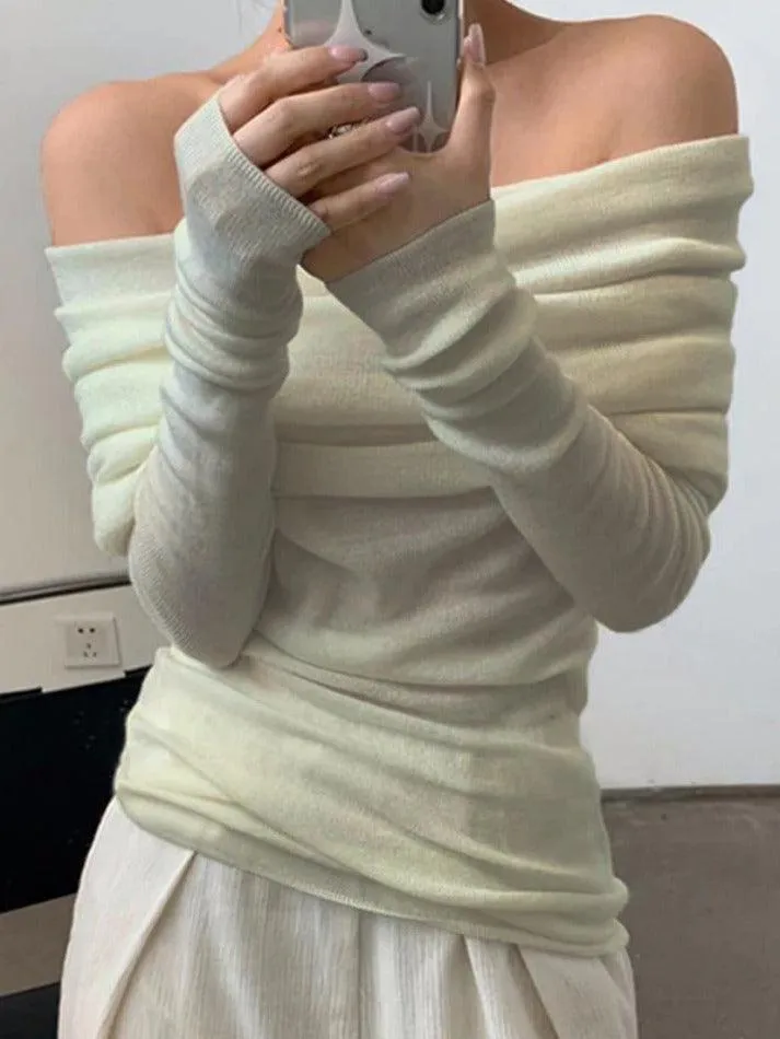 French Off Shoulder Slim Long Sleeve Knit