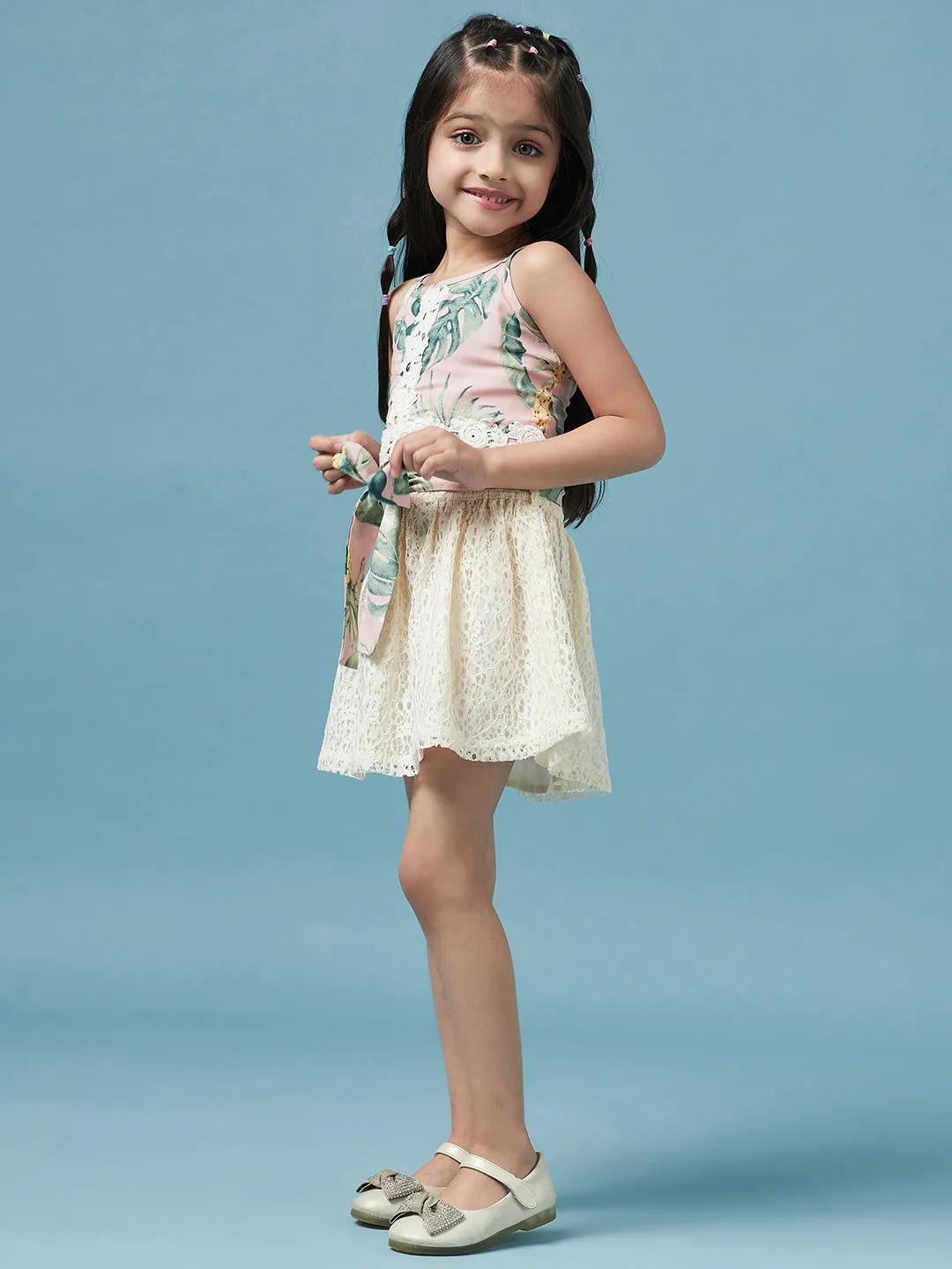 Girls Printed Sleeveless Top With Skirt - Ps Peaches