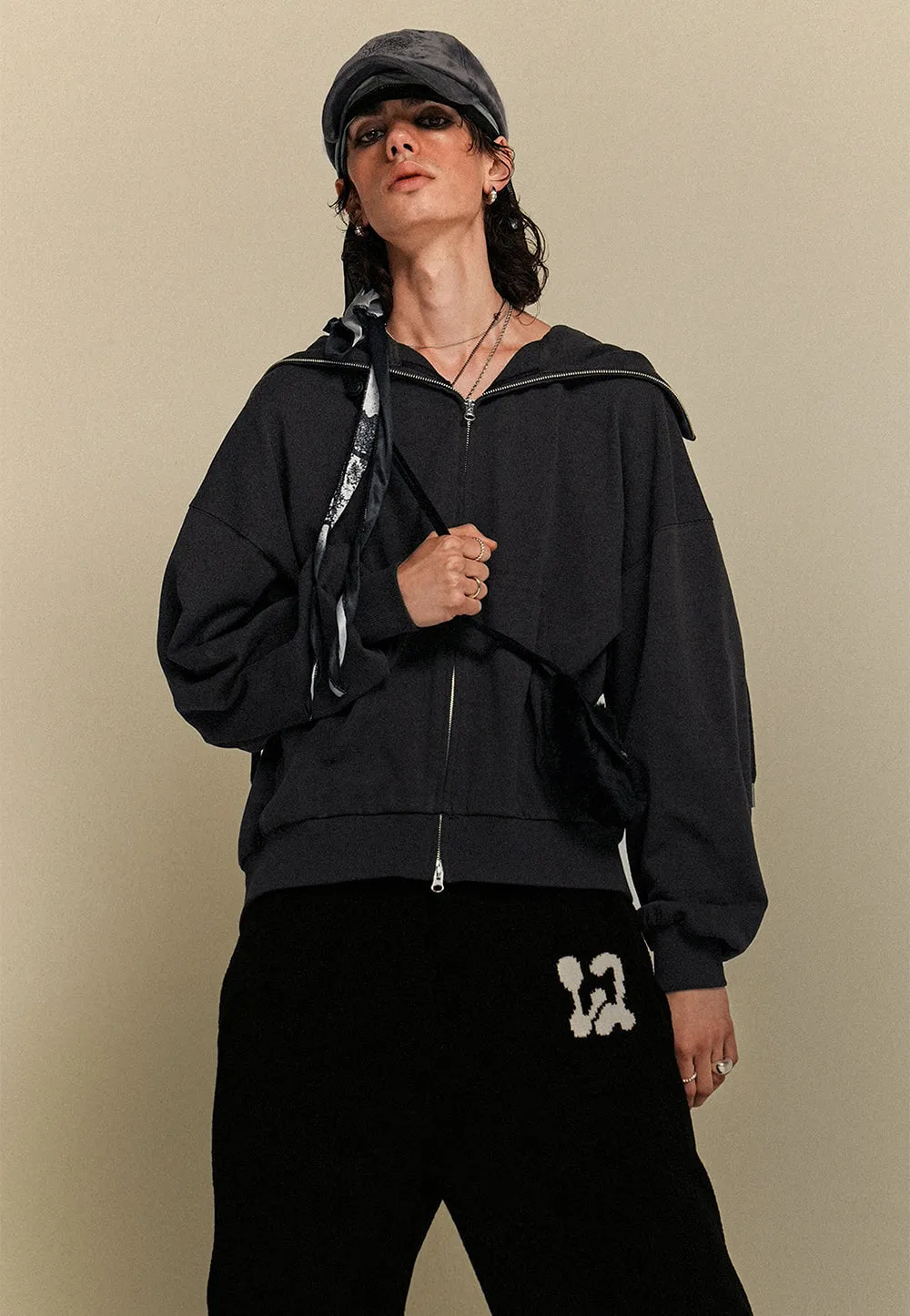 High neck overfit hood zip-up charcoal