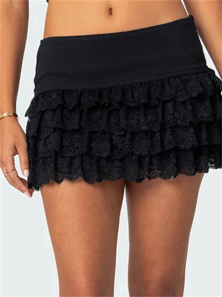 JuliaFashion - Short Mini Casual Low Waist Solid Color Lace Layered Ruffles Summer Party Clubwear Skirts