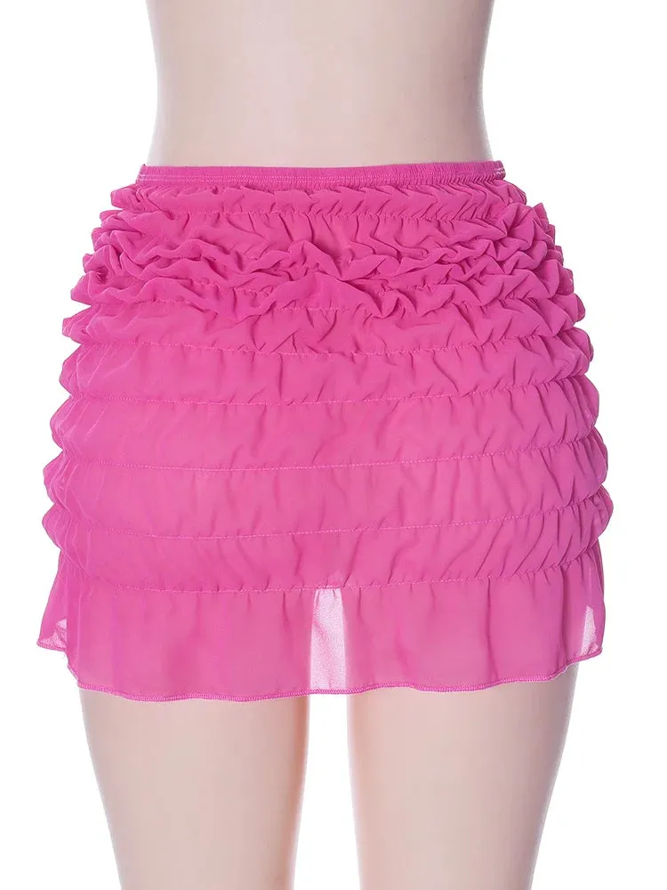 JuliaFashion - Y2K High Waist Ruched Short Mini Mesh Sheer Summer Party Clubwear Ruffles Hem Skirts