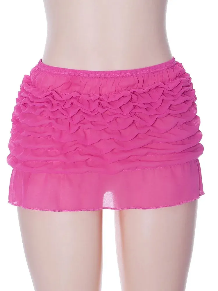 JuliaFashion - Y2K High Waist Ruched Short Mini Mesh Sheer Summer Party Clubwear Ruffles Hem Skirts