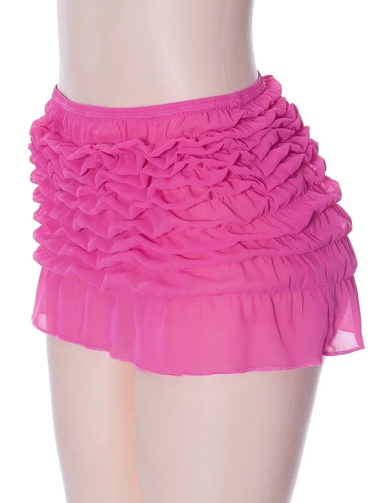 JuliaFashion - Y2K High Waist Ruched Short Mini Mesh Sheer Summer Party Clubwear Ruffles Hem Skirts