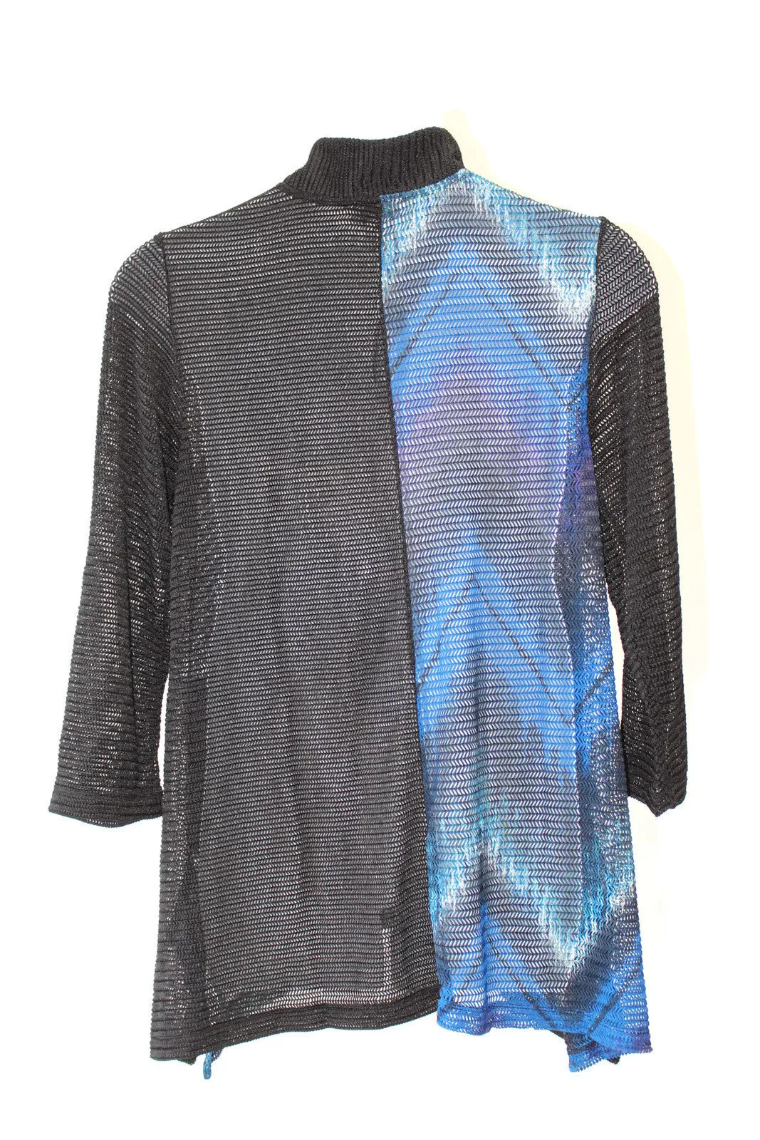 Mandarin Loose Weave Knit Jacket, Blue & Black