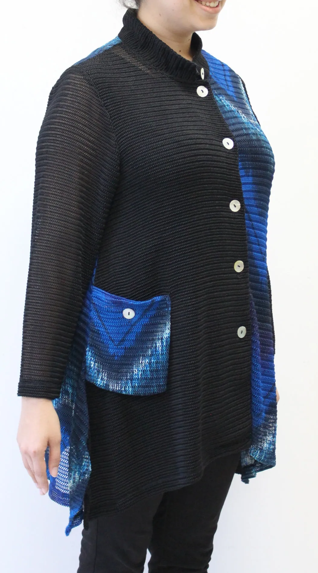 Mandarin Loose Weave Knit Jacket, Blue & Black