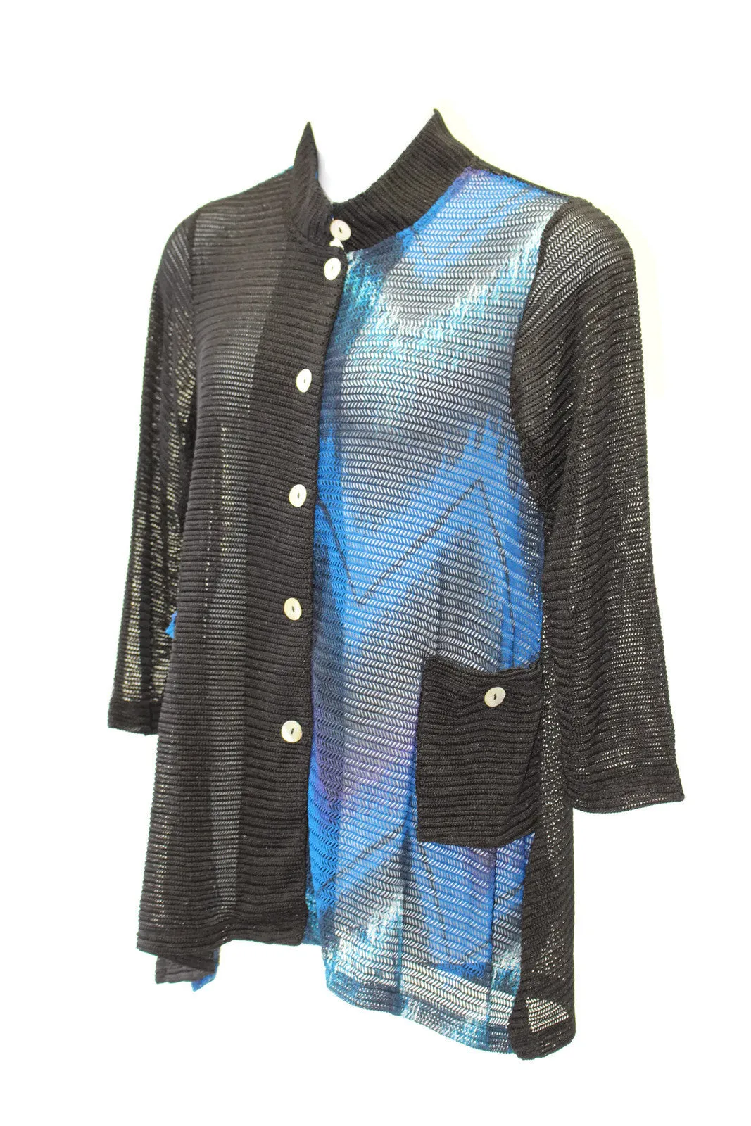 Mandarin Loose Weave Knit Jacket, Blue & Black