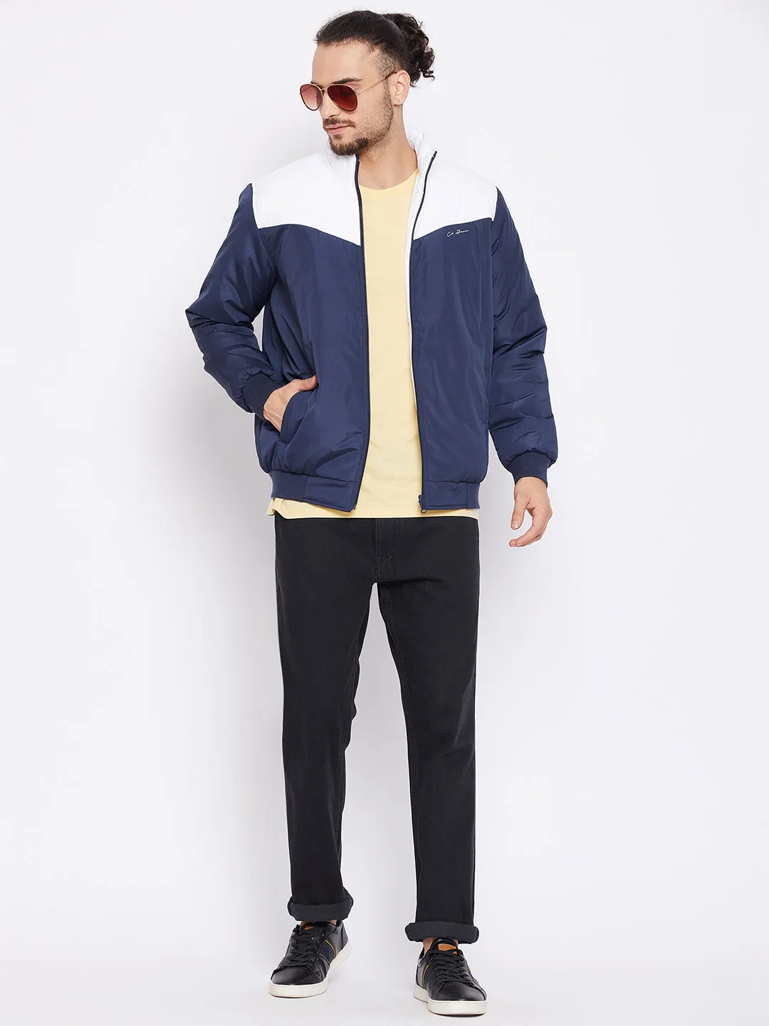 Men Navy Blue Color Blocked Full Sleeves Reversible Casual Jacket