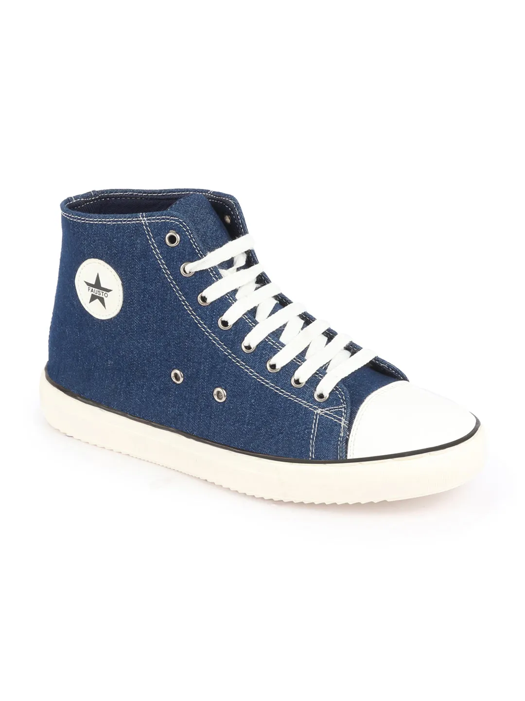 Men Navy Blue Mid Top Star Toe Cap Upper Denim 8-Eye Lace Up Canvas Sneakers Shoes