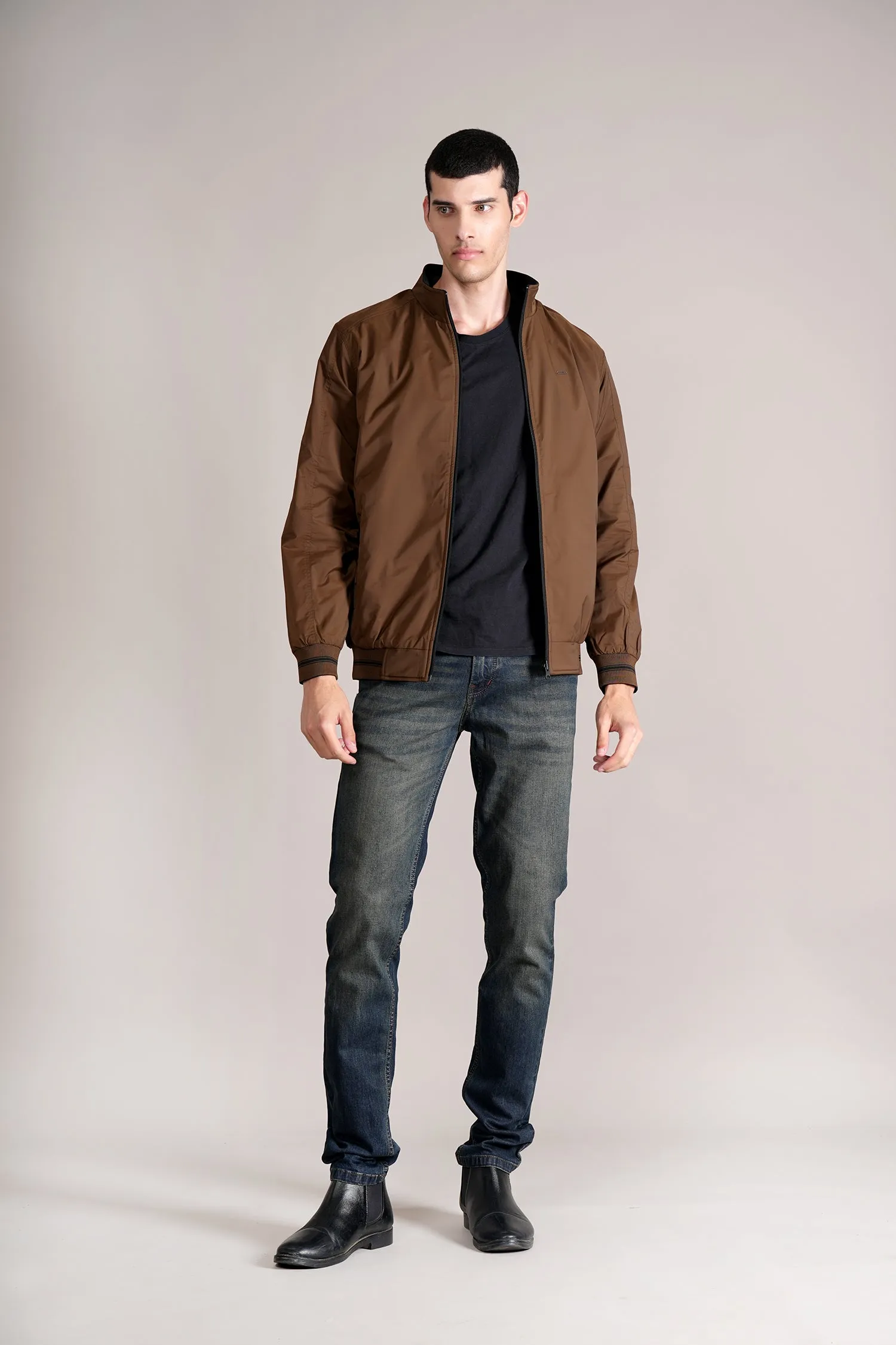 Men's Brown Solid Mock Collar Jacket