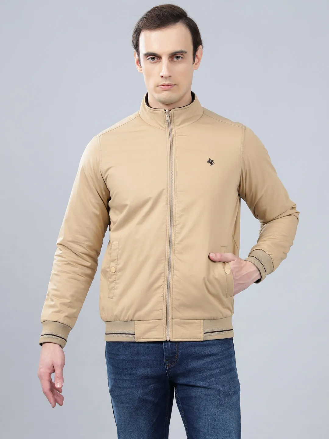 Men's Khaki Solid Mock Neck Reversible Winter Jacket