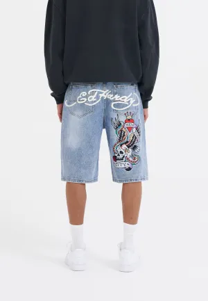 Mens Nyc Skull Denim Jorts Shorts - Bleach