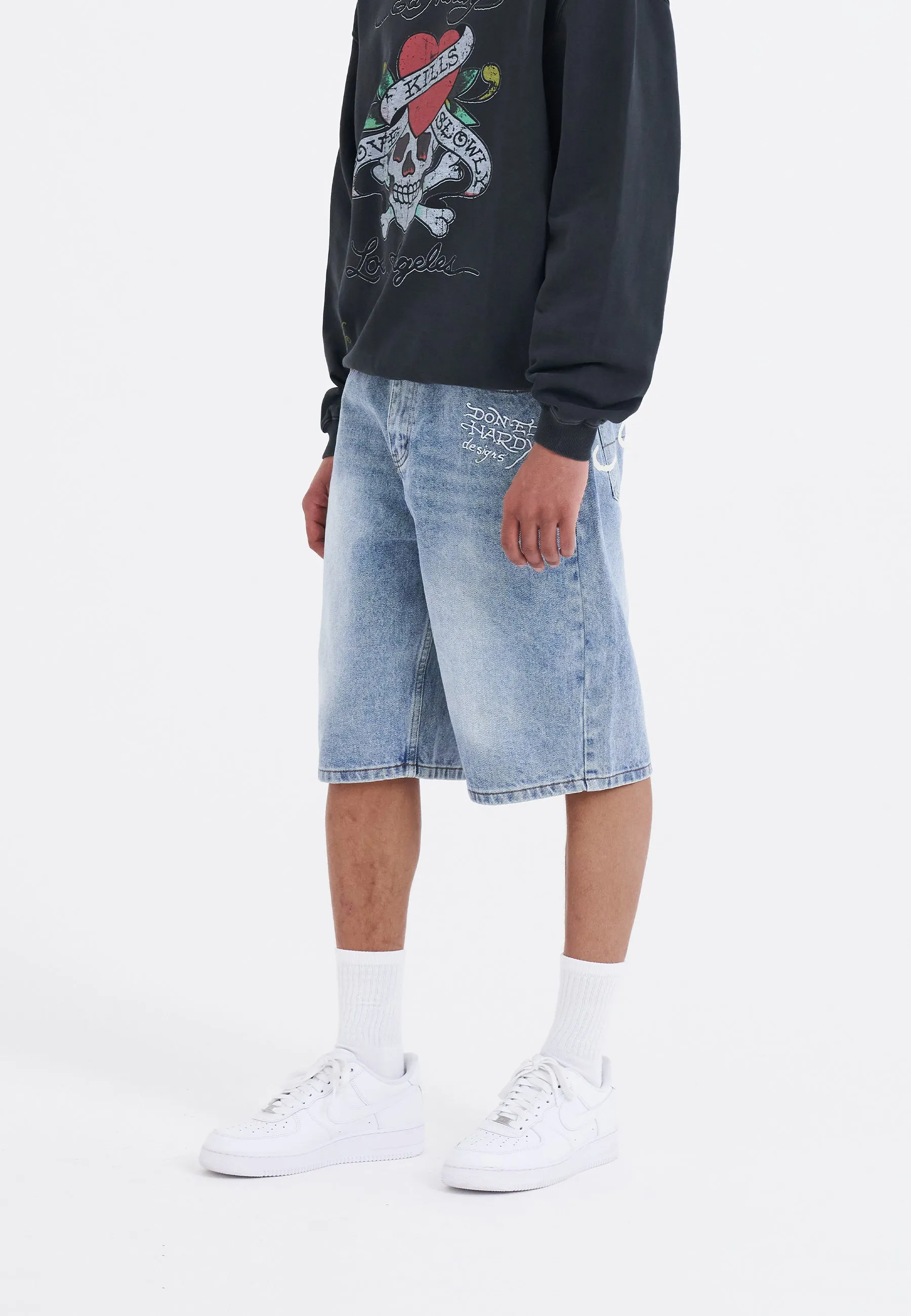 Mens Nyc Skull Denim Jorts Shorts - Bleach