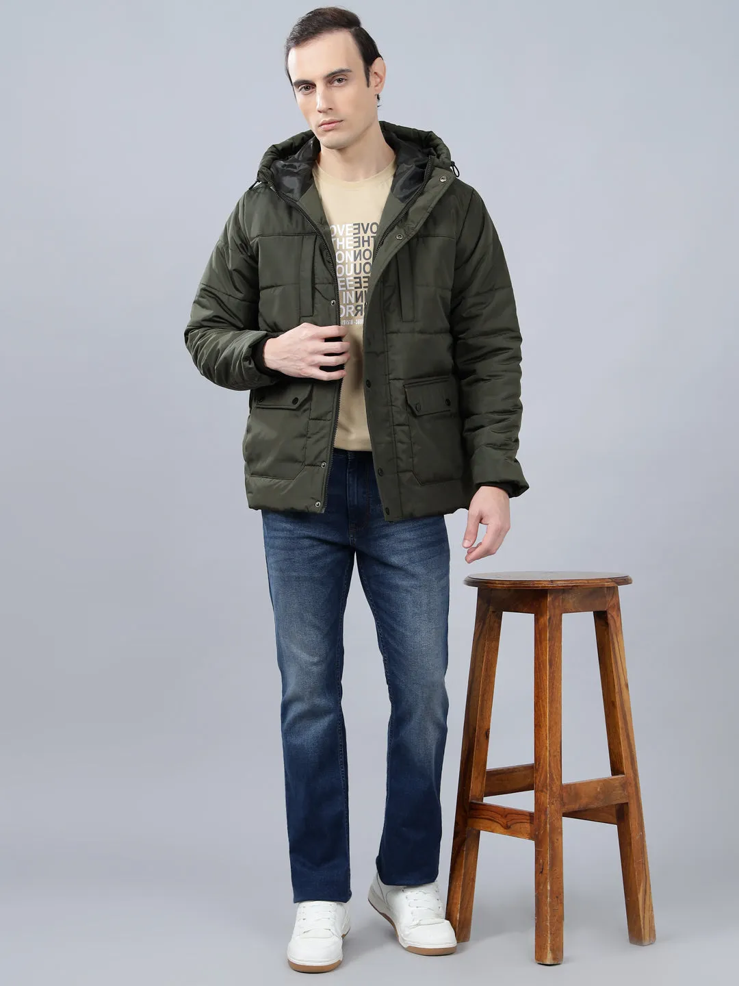 Men's Olive Green Solid Hooded Winter Jacket