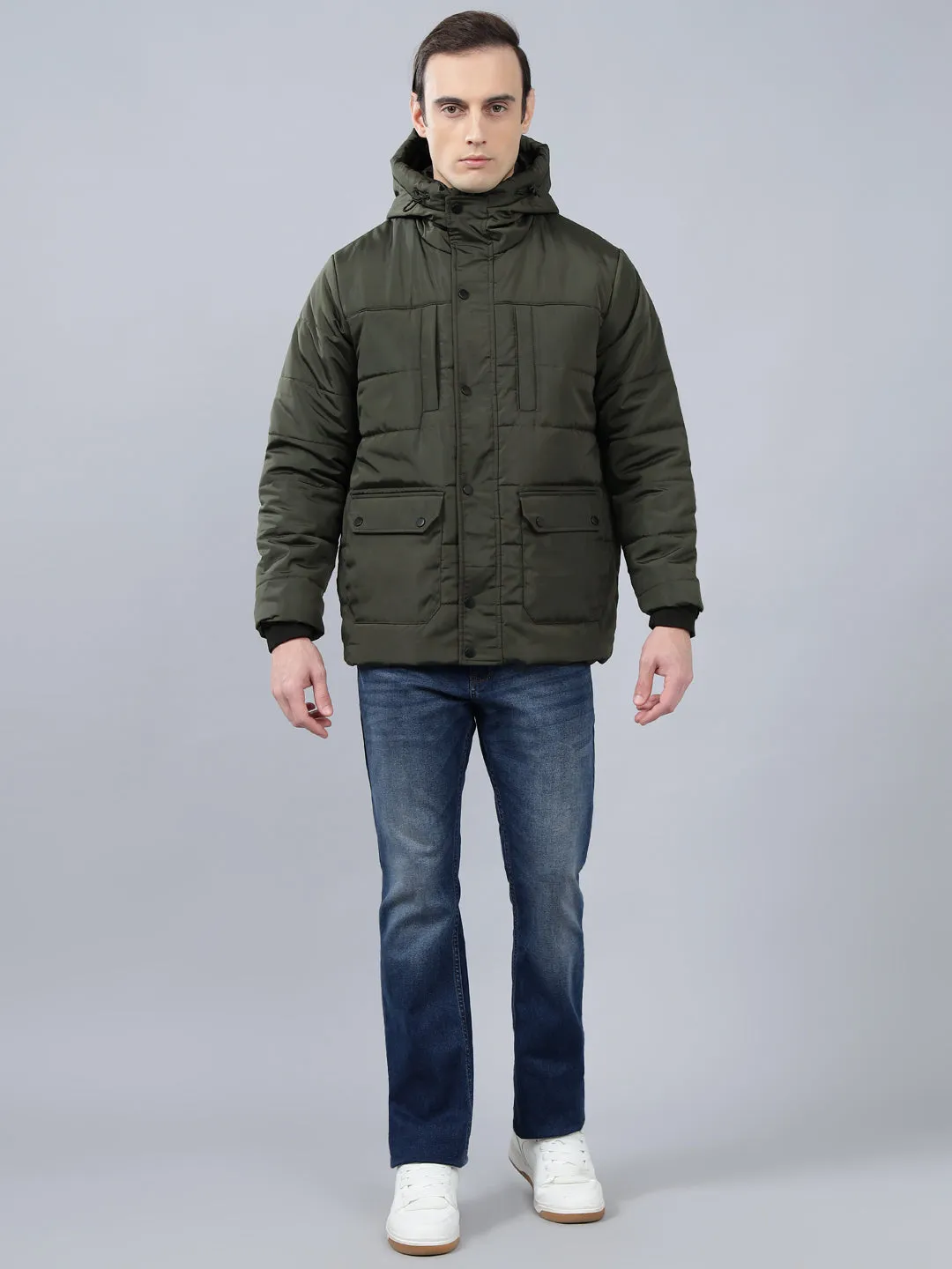 Men's Olive Green Solid Hooded Winter Jacket