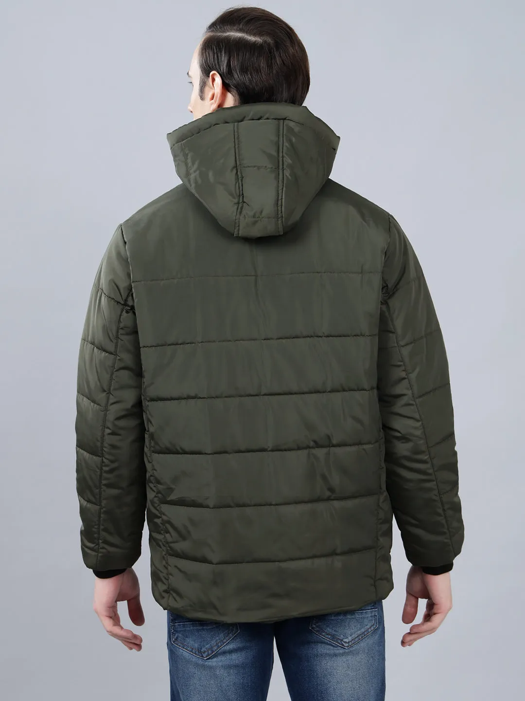 Men's Olive Green Solid Hooded Winter Jacket