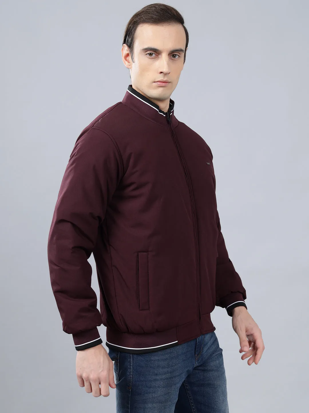 Men's Wine Solid Mock Neck Reversible Winter Jacket