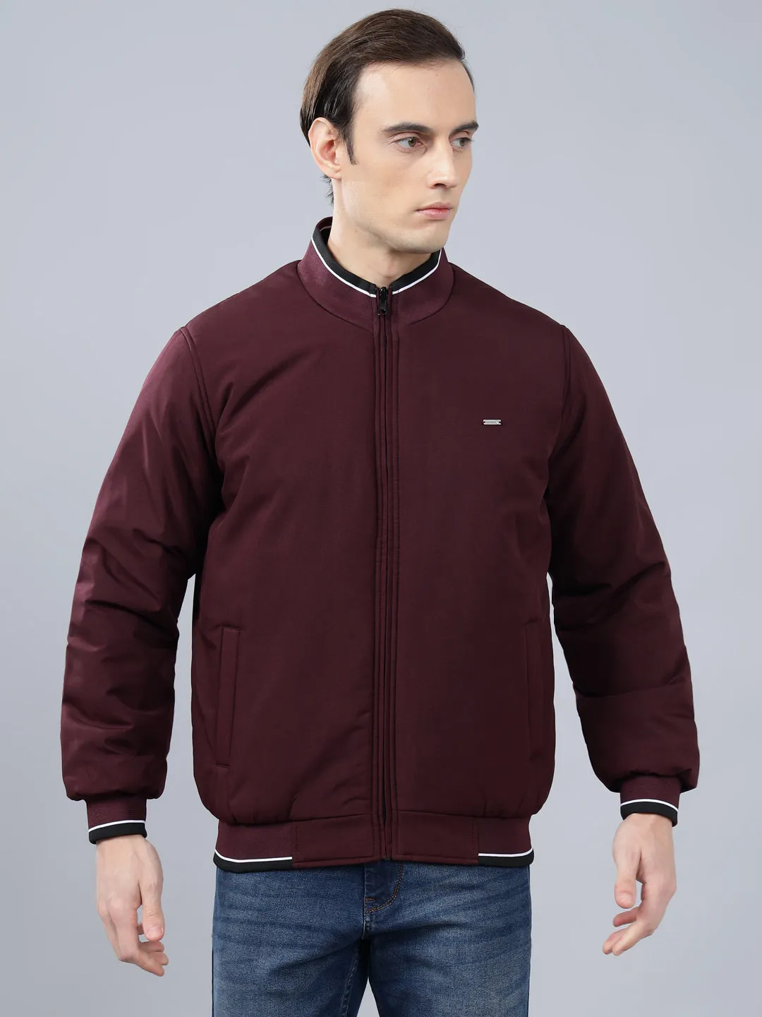 Men's Wine Solid Mock Neck Reversible Winter Jacket