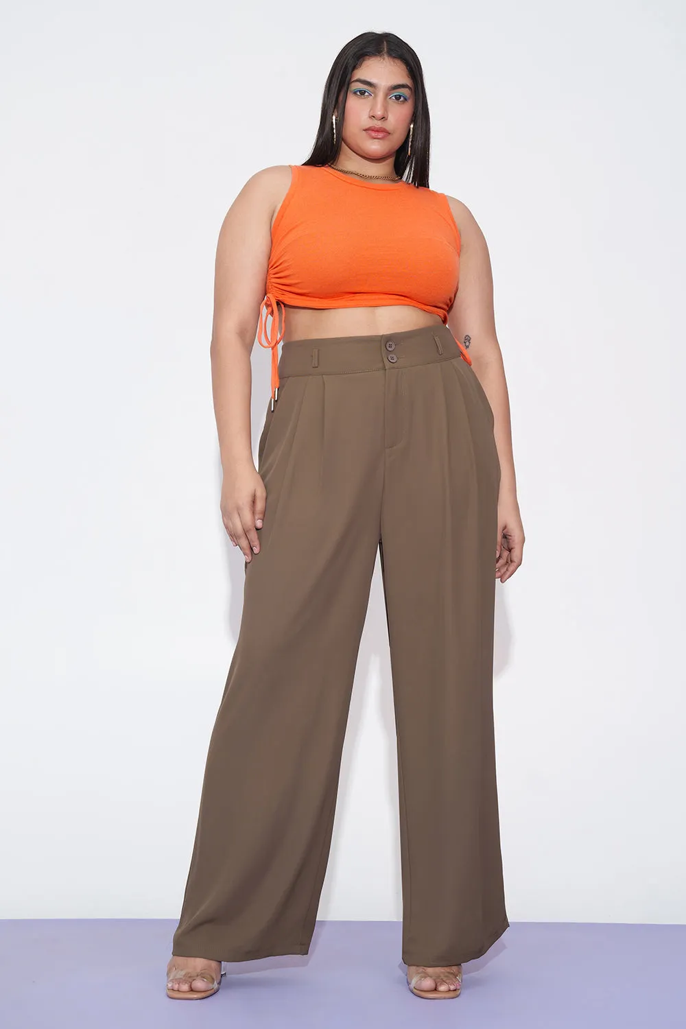 Mocha Mist Curve Pleated Double Button Korean Pants