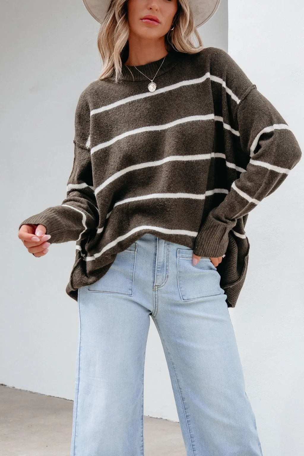 Next To Me Olive Striped Pullover Sweater