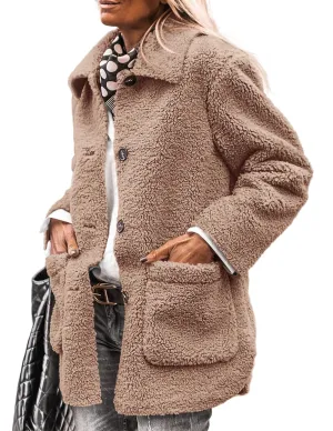 PRETTYGARDEN Women's Winter Faux Fur Coats Long Sleeve Lapel Button Down Pockets Fleece Sherpa Jacket Casual Trendy Outerwear (Camel,Medium)